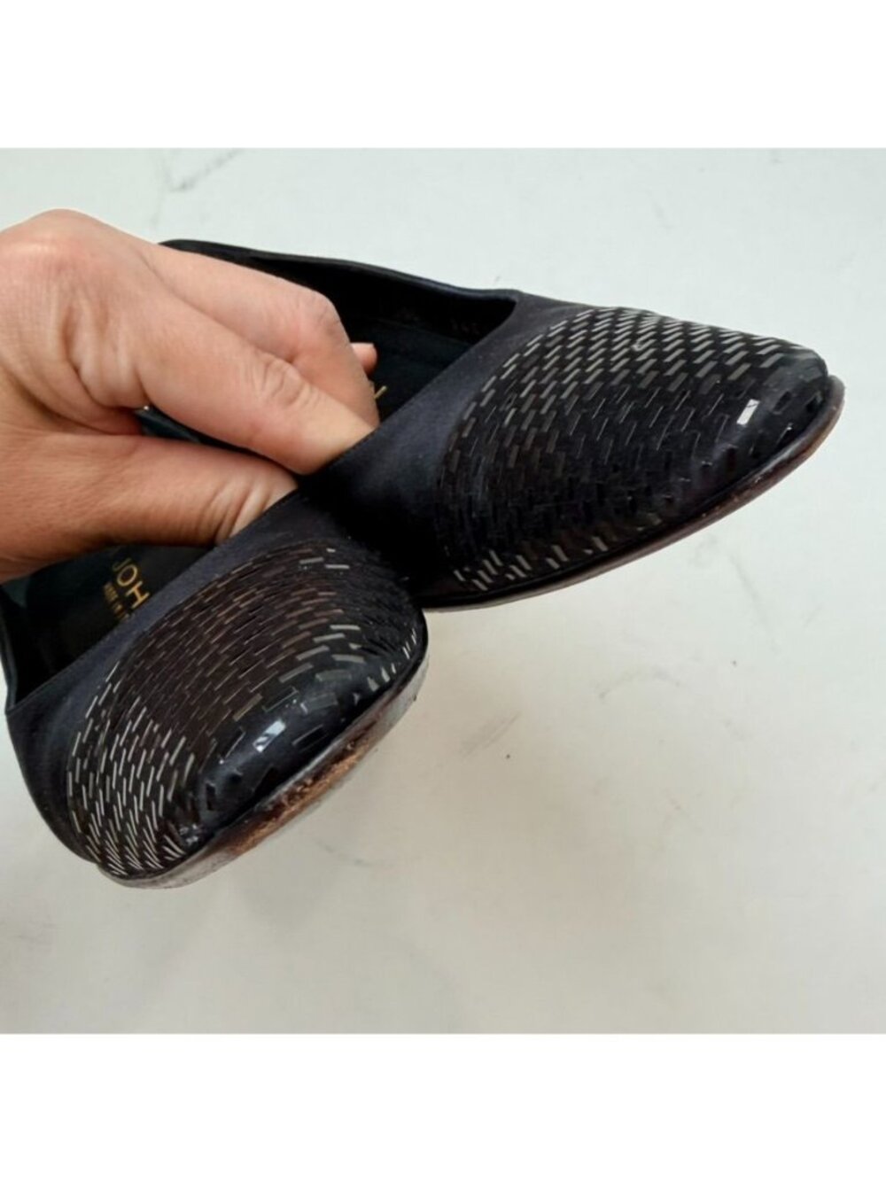 St. John Nicolette Pointed Toe Pumps Black Satin Women's 7B Made in Italy - Picture 3 of 12